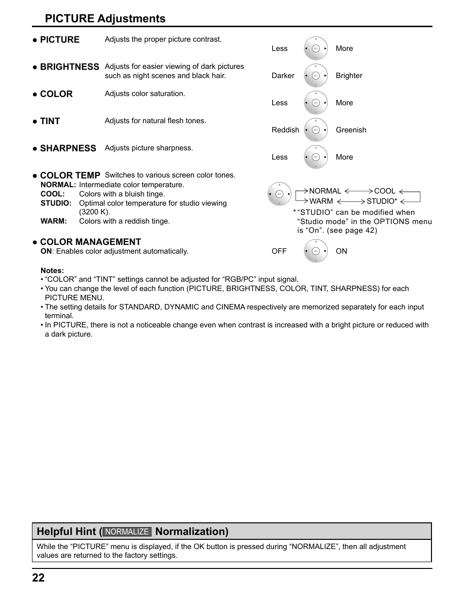 Picture adjustments, Helpful hint, Normalization) | Pelican TH-50VX100U User Manual | Page 22 / 56