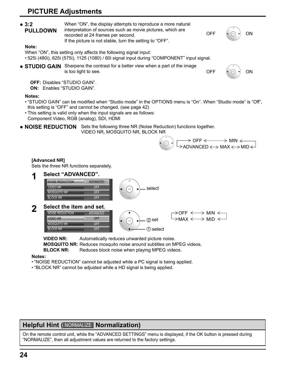 24 picture adjustments, Helpful hint, Normalization) | Pelican TH-50VX100U User Manual | Page 24 / 56