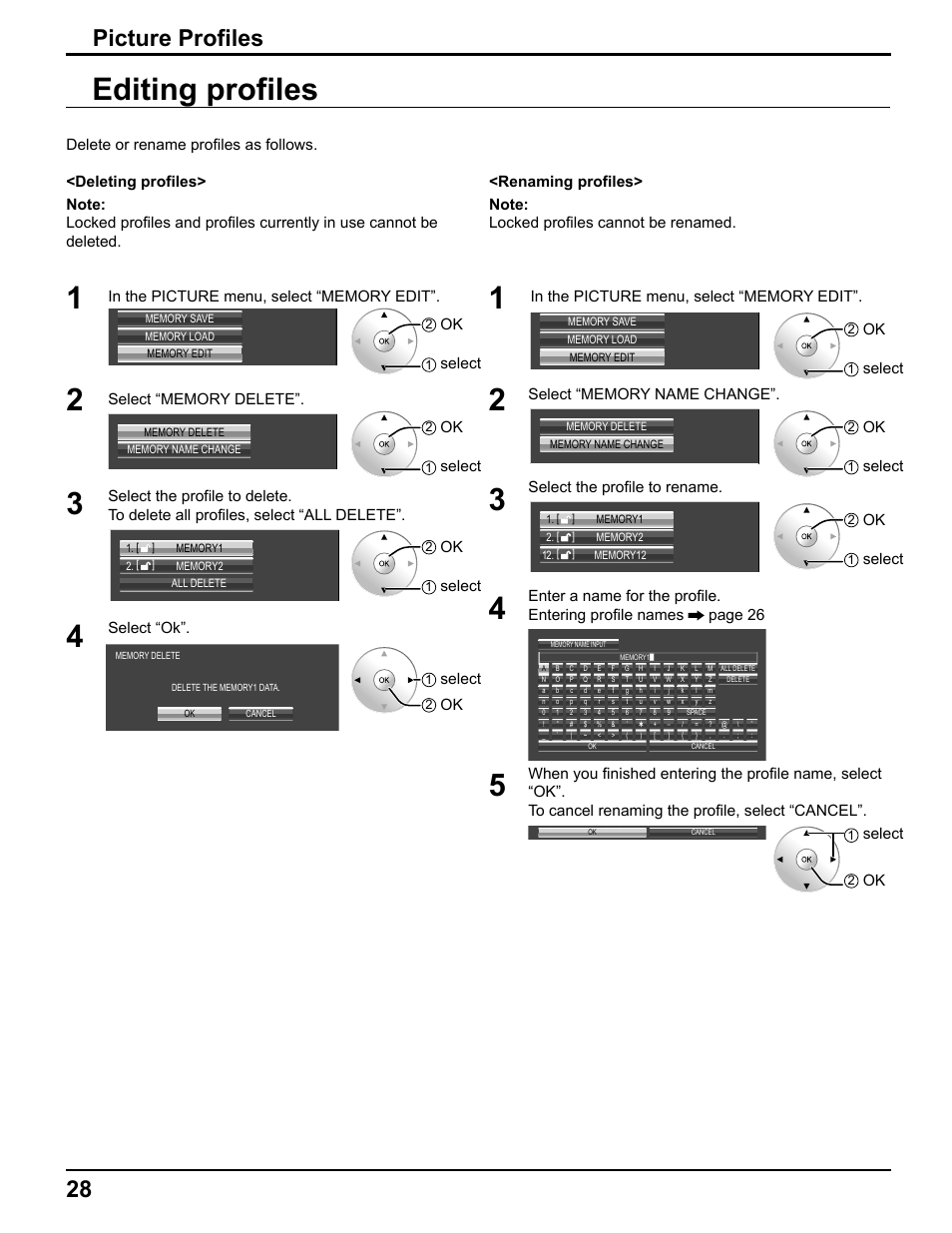 Editing profiles 1, 28 picture profiles, Select | Select “ok, Select the profile to rename | Pelican TH-50VX100U User Manual | Page 28 / 56