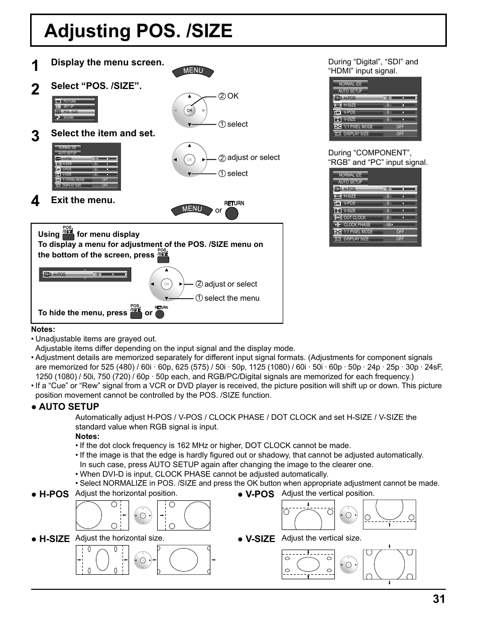 Adjusting pos. /size, Auto setup, H-pos | V-pos, H-size, V-size, Display the menu screen, Select “pos. /size, Select the item and set, Exit the menu | Pelican TH-50VX100U User Manual | Page 31 / 56