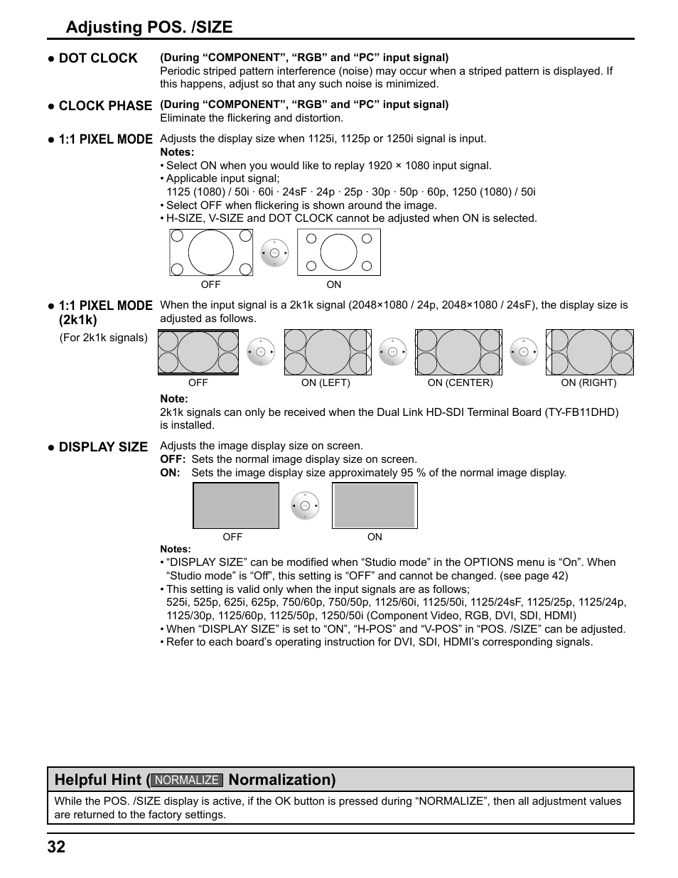 32 adjusting pos. /size, Helpful hint, Normalization) | Pelican TH-50VX100U User Manual | Page 32 / 56