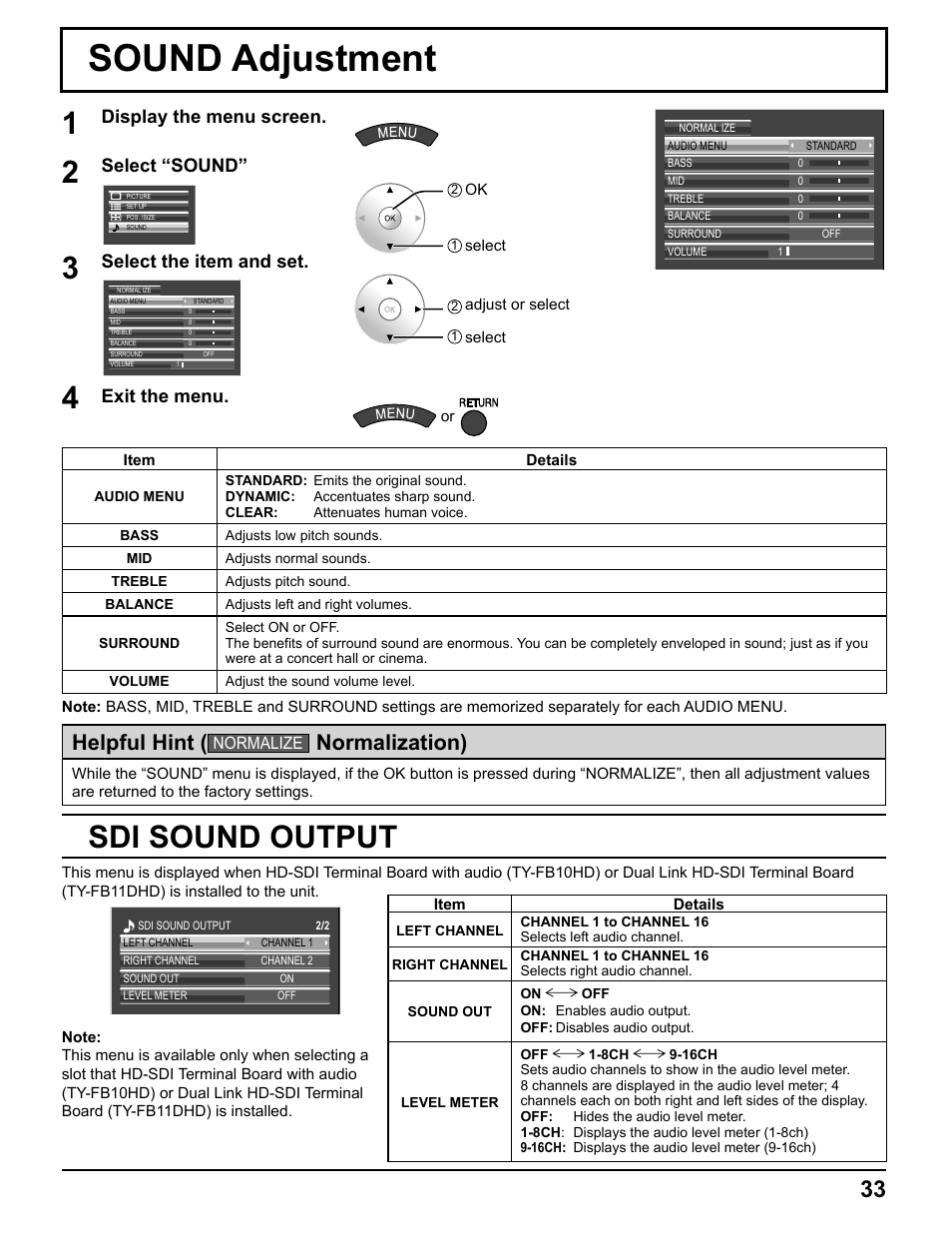 Sound adjustment, Sdi sound output, Helpful hint | Normalization), Display the menu screen, Select “sound, Select the item and set, Exit the menu | Pelican TH-50VX100U User Manual | Page 33 / 56