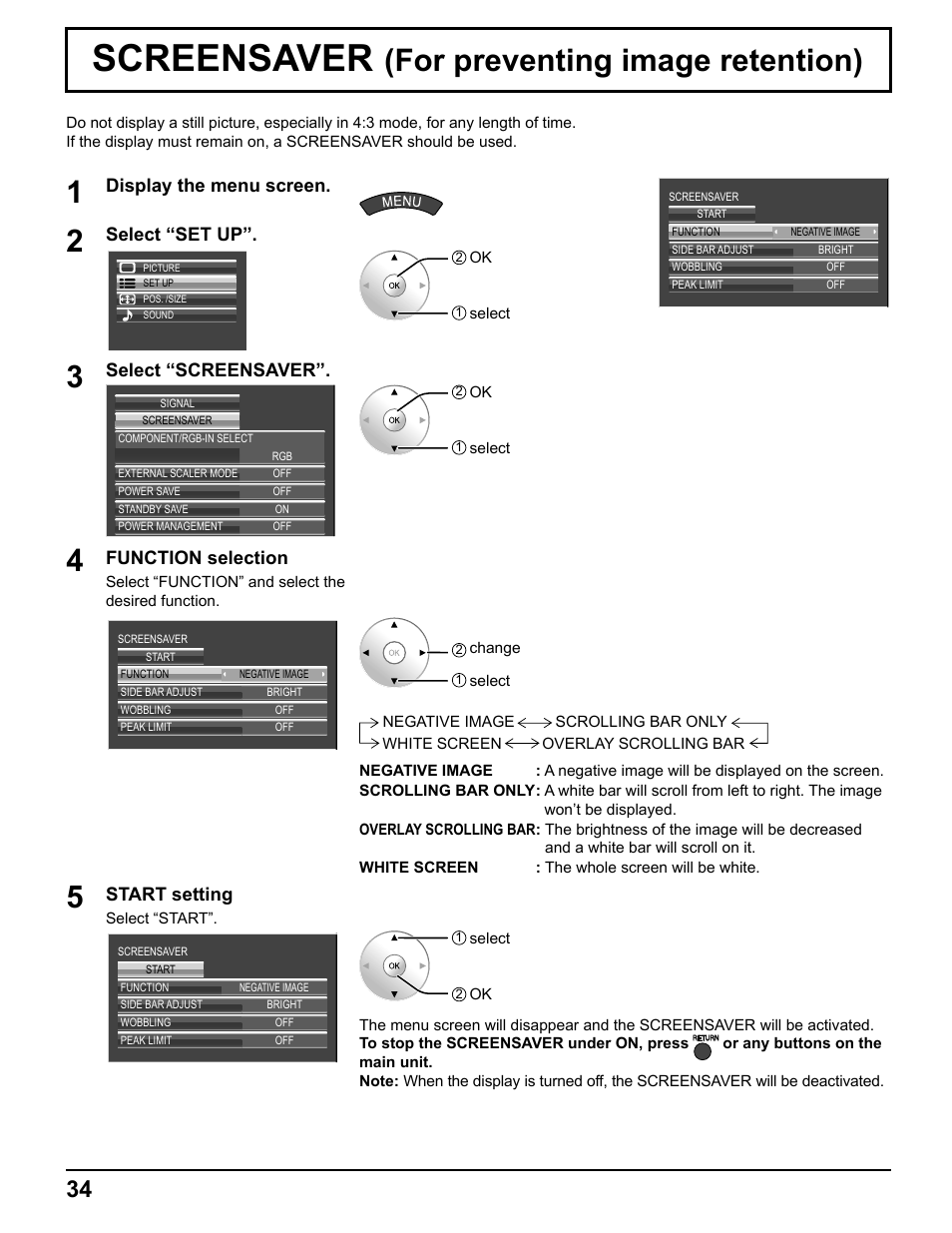 Screensaver, For preventing image retention) 1 | Pelican TH-50VX100U User Manual | Page 34 / 56