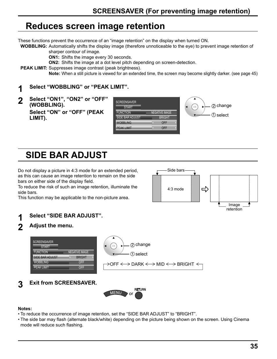 Reduces screen image retention side bar adjust, Screensaver (for preventing image retention) | Pelican TH-50VX100U User Manual | Page 35 / 56