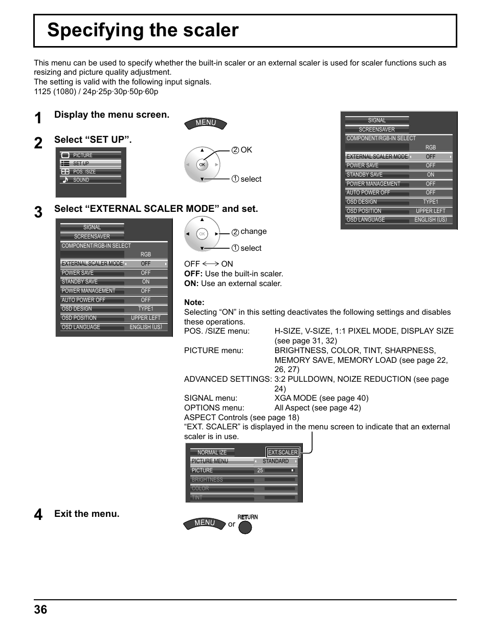 Specifying the scaler, Display the menu screen, Select “set up | Select “external scaler mode” and set, Exit the menu | Pelican TH-50VX100U User Manual | Page 36 / 56