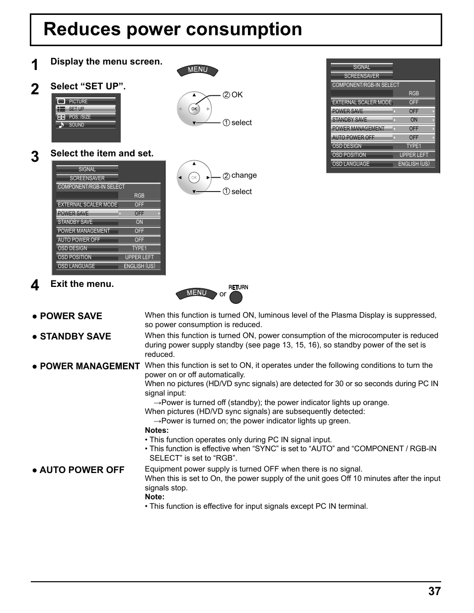 Reduces power consumption, Display the menu screen, Select “set up | Select the item and set, Exit the menu, Power save, Standby save, Power management, Auto power off | Pelican TH-50VX100U User Manual | Page 37 / 56