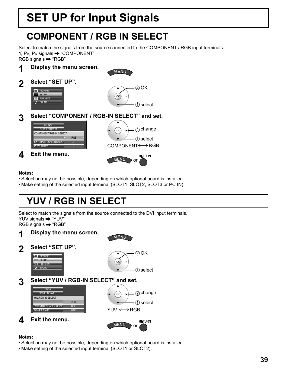 Set up for input signals, Component / rgb in select, Yuv / rgb in select | Pelican TH-50VX100U User Manual | Page 39 / 56