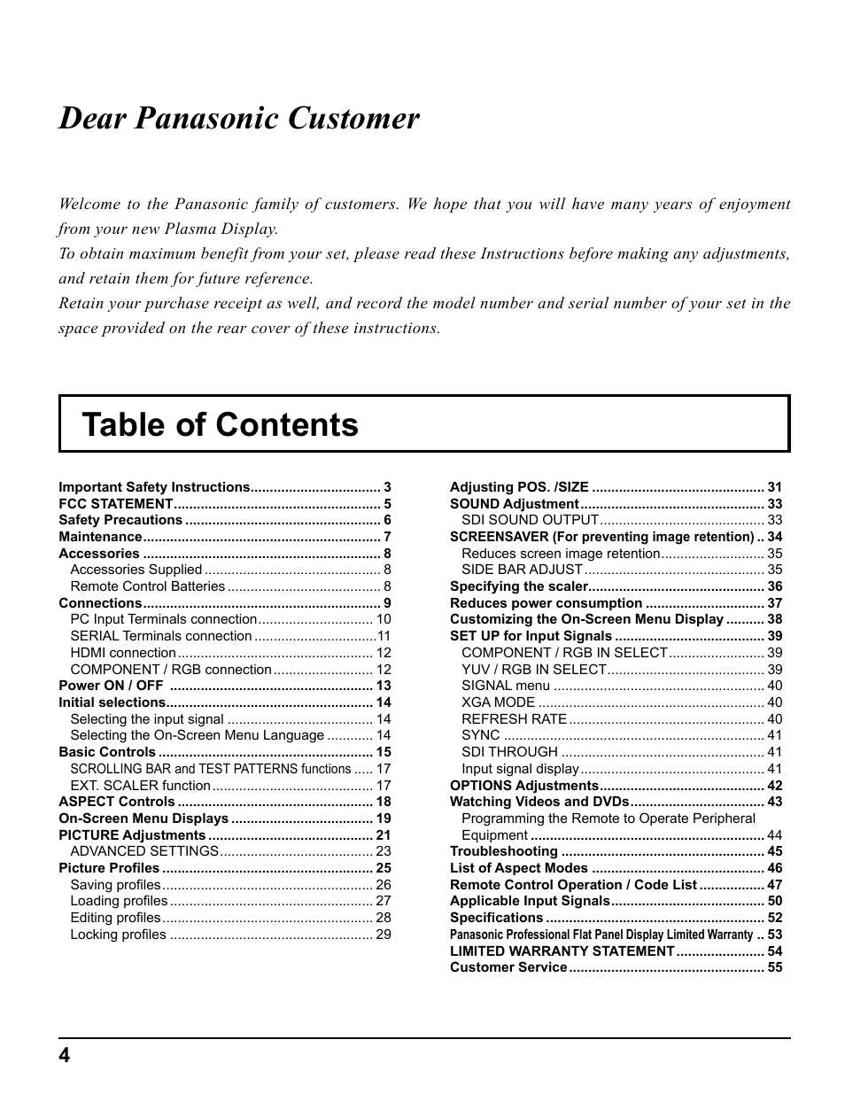 Table of contents dear panasonic customer | Pelican TH-50VX100U User Manual | Page 4 / 56