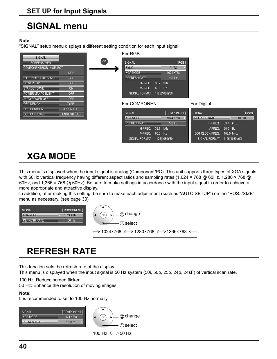 Signal menu, Xga mode, Refresh rate | Set up for input signals | Pelican TH-50VX100U User Manual | Page 40 / 56