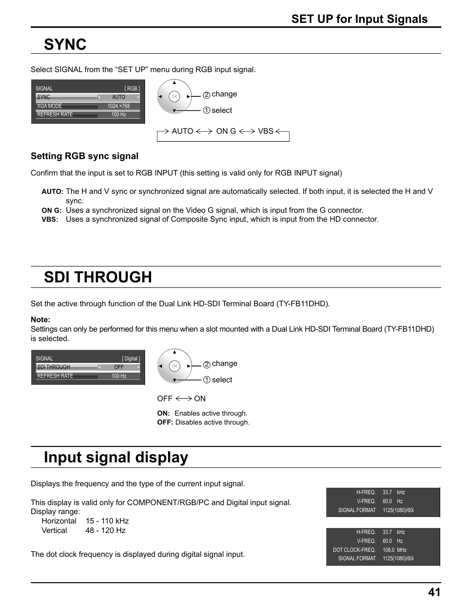 Sync, Input signal display, Sdi through | 41 set up for input signals, Setting rgb sync signal | Pelican TH-50VX100U User Manual | Page 41 / 56