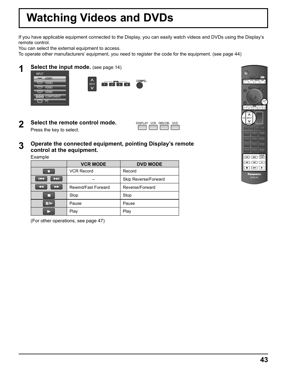 Watching videos and dvds, Select the input mode, Select the remote control mode | Pelican TH-50VX100U User Manual | Page 43 / 56