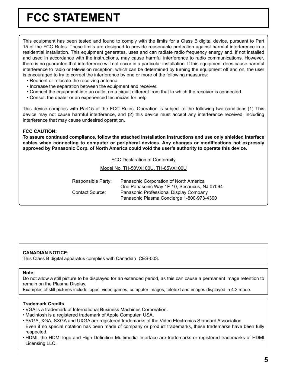 Fcc statement | Pelican TH-50VX100U User Manual | Page 5 / 56