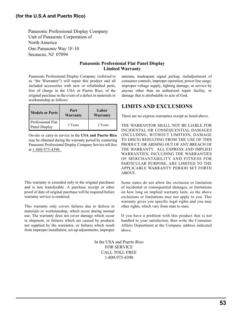 Limits and exclusions | Pelican TH-50VX100U User Manual | Page 53 / 56