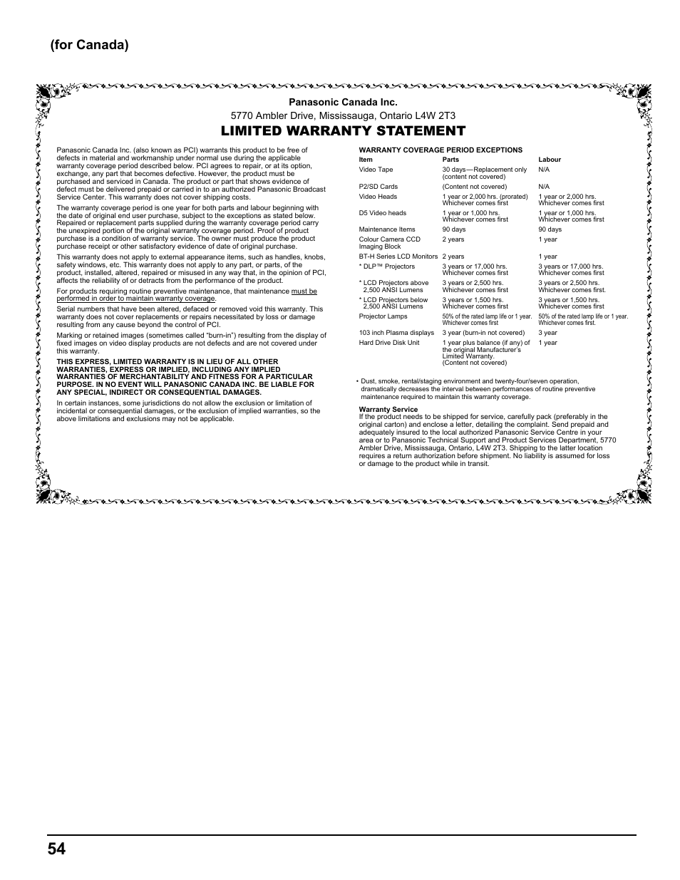 Limited warranty statement, For canada) | Pelican TH-50VX100U User Manual | Page 54 / 56