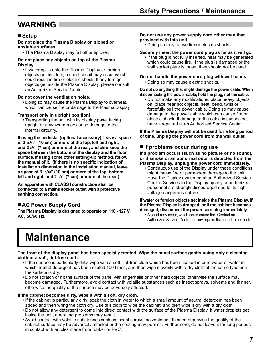 Maintenance, Warning, 7safety precautions / maintenance | Pelican TH-50VX100U User Manual | Page 7 / 56