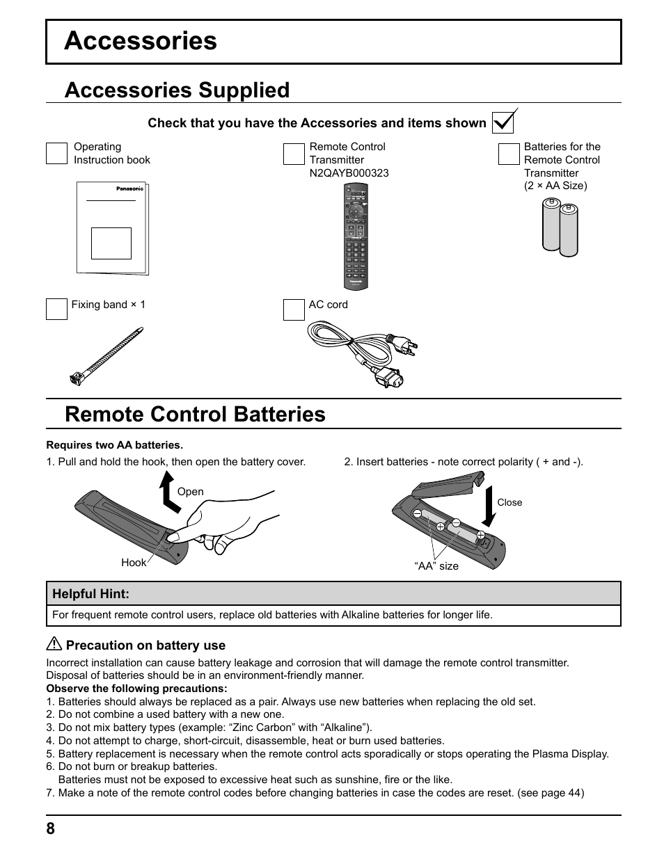 Accessories, Accessories supplied, Remote control batteries | Precaution on battery use, Helpful hint | Pelican TH-50VX100U User Manual | Page 8 / 56