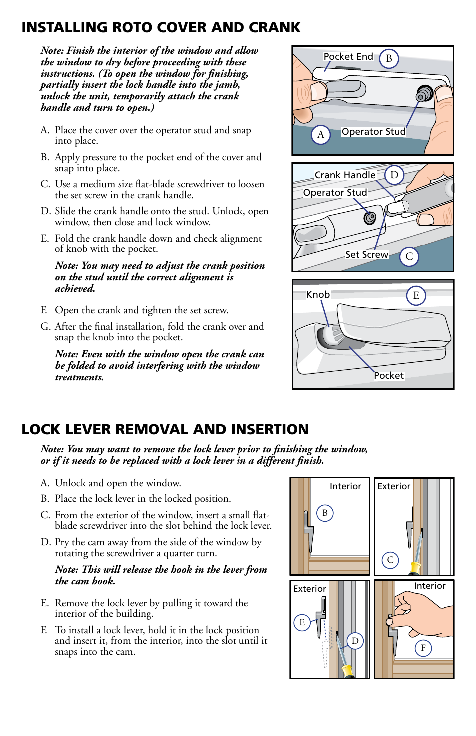 Installing roto cover and crank, Lock lever removal and insertion | Pella Clad Awning User Manual | Page 10 / 10
