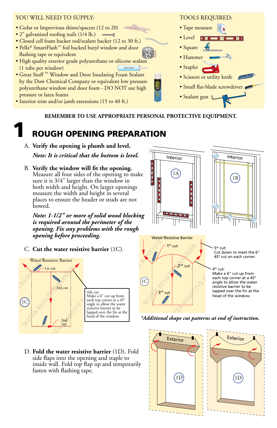 Rough opening preparation, C. cut the water resistive barrier (1c) | Pella Clad Awning User Manual | Page 2 / 10