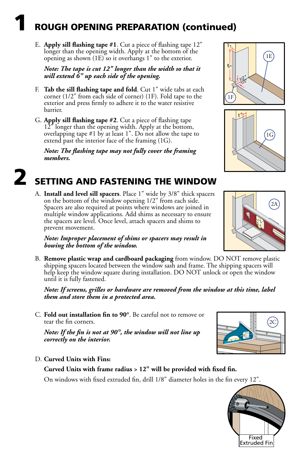 Rough opening preparation (continued), Setting and fastening the window | Pella Clad Awning User Manual | Page 3 / 10