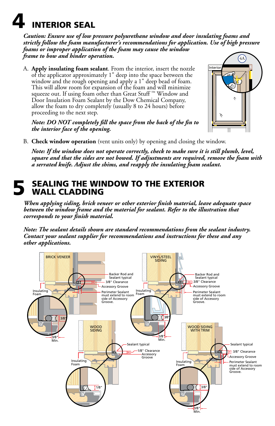 Interior seal, Sealing the window to the exterior wall cladding | Pella Clad Awning User Manual | Page 7 / 10