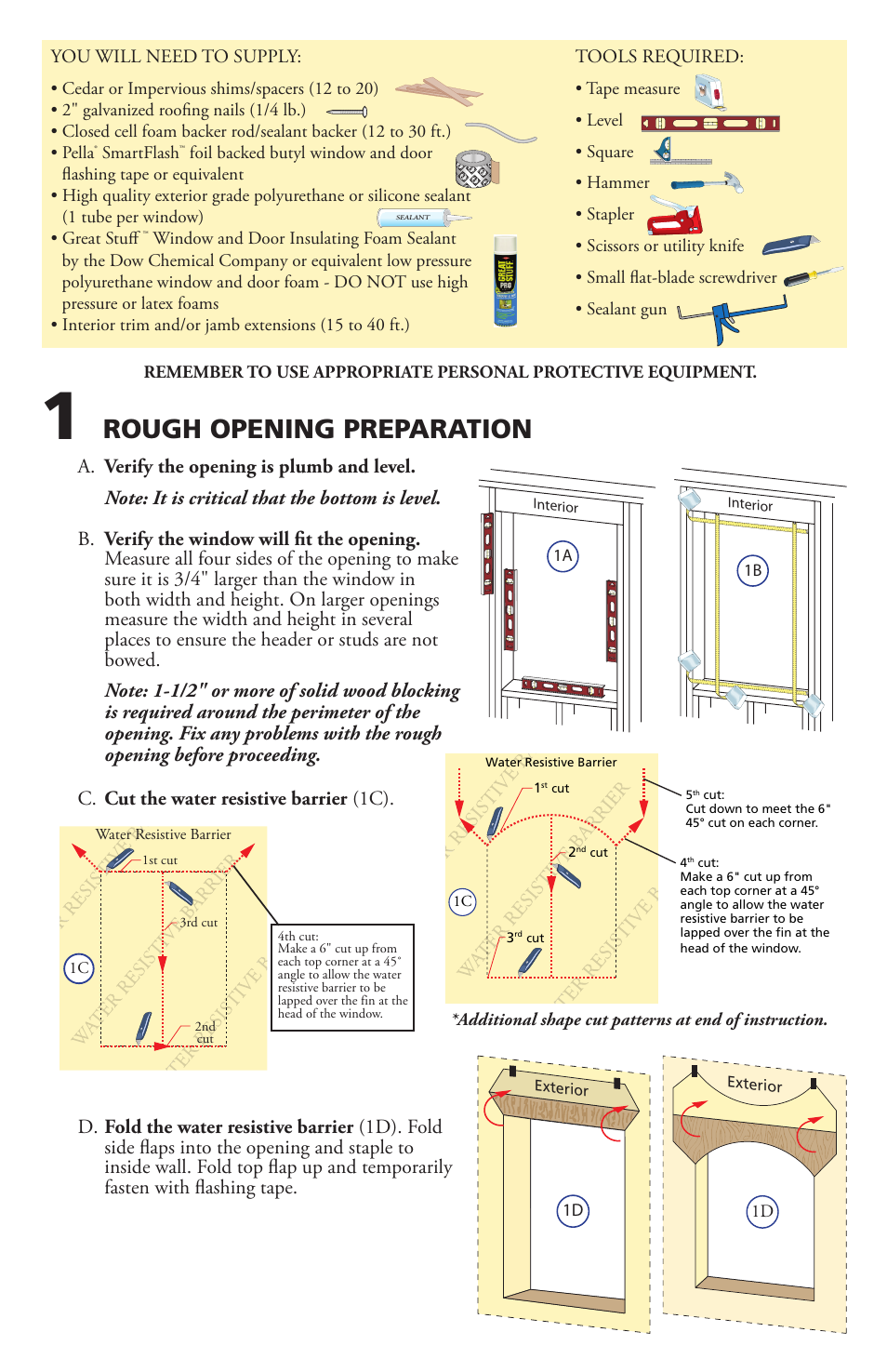 Rough opening preparation, C. cut the water resistive barrier (1c) | Pella 812W0100 User Manual | Page 2 / 11