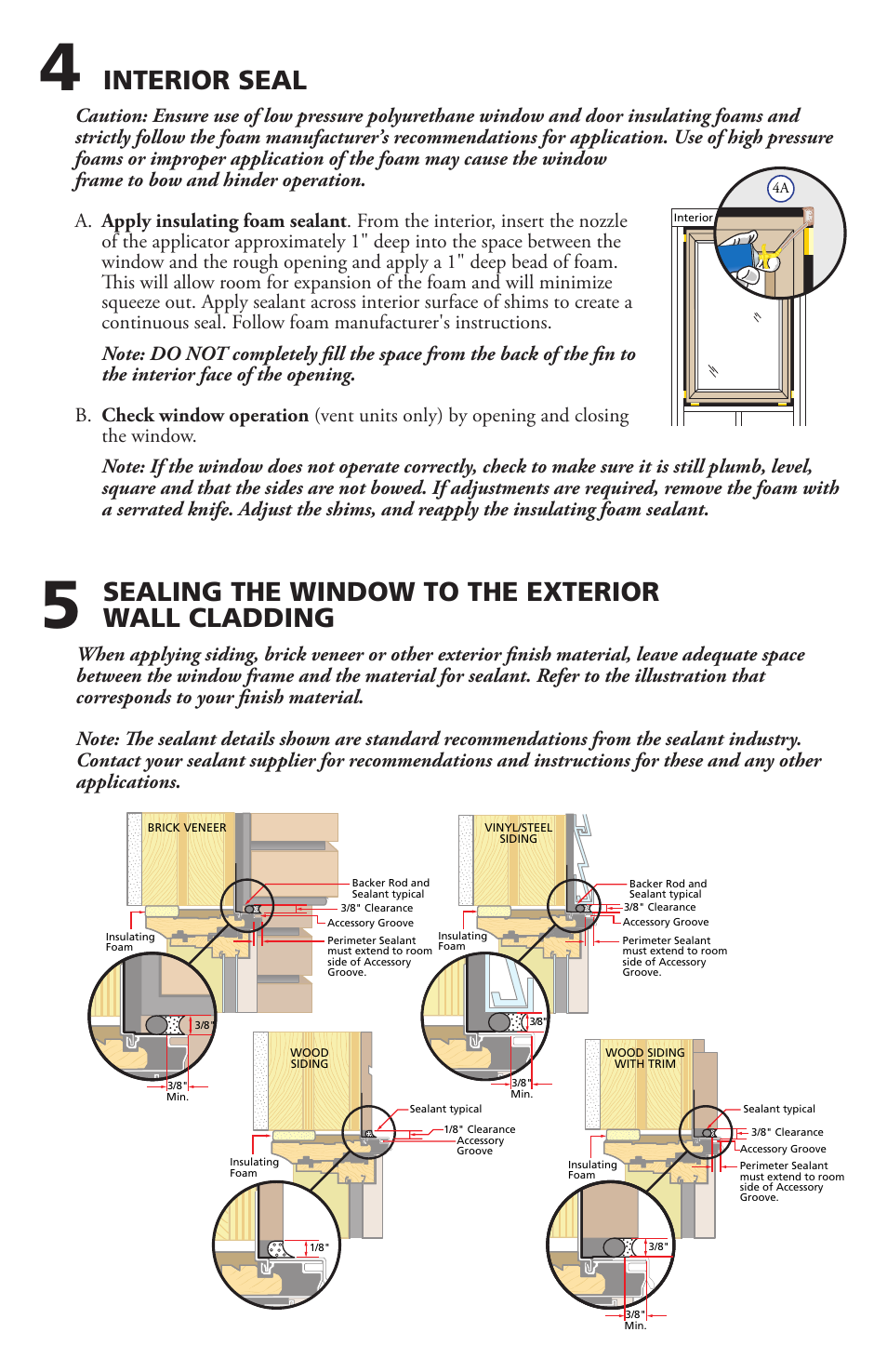 Interior seal, Sealing the window to the exterior wall cladding | Pella 812W0100 User Manual | Page 8 / 11