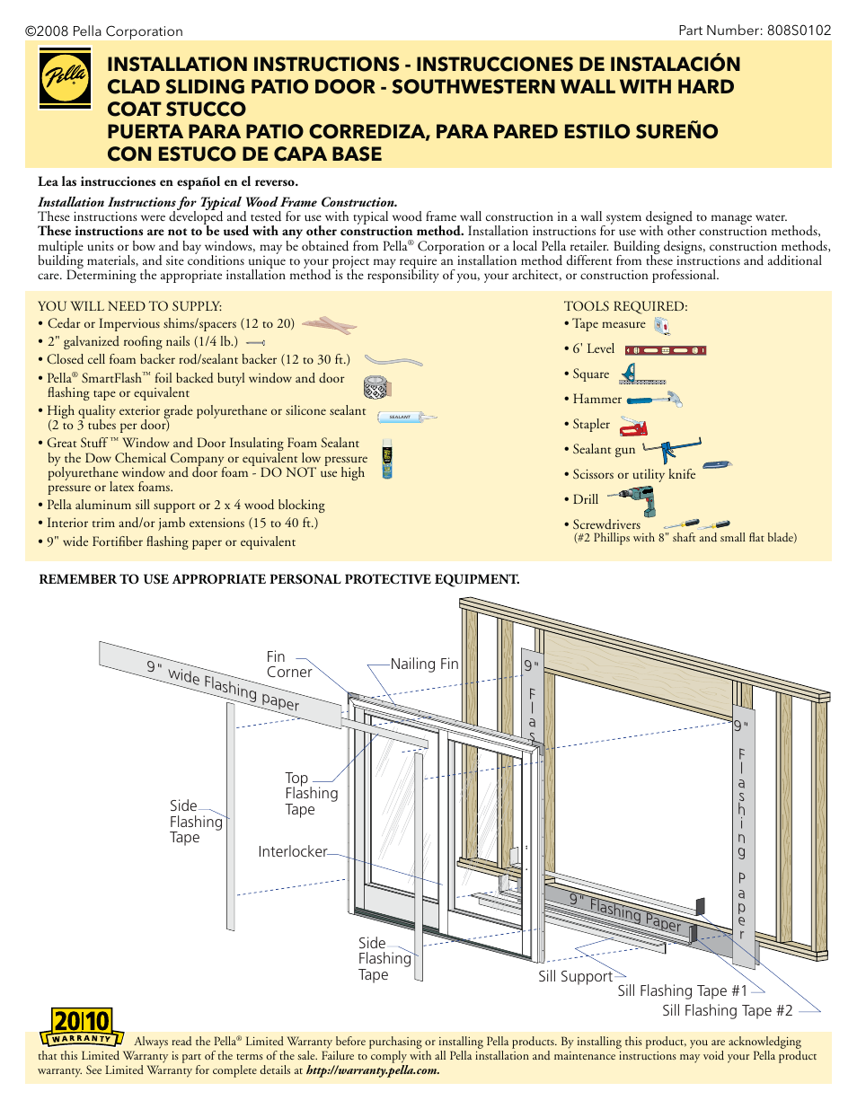 Pella Clad sliding patio door- southwestern wall with hard coat stucco 808SQ102 User Manual | 6 pages