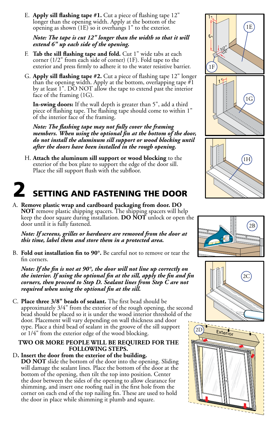 Setting and fastening the door | Pella Clad Hinged patio Door With Adjustable HInges 80JJ0103 User Manual | Page 3 / 8