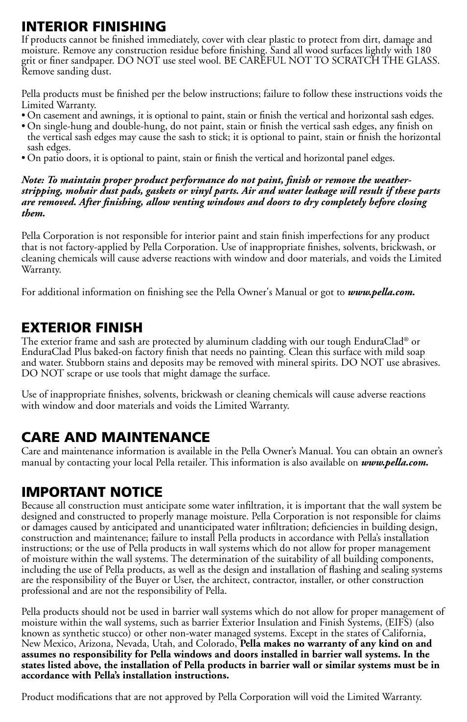 Interior finishing, Exterior finish, Care and maintenance | Important notice | Pella Clad Hinged patio Door With Adjustable HInges 80JJ0103 User Manual | Page 8 / 8