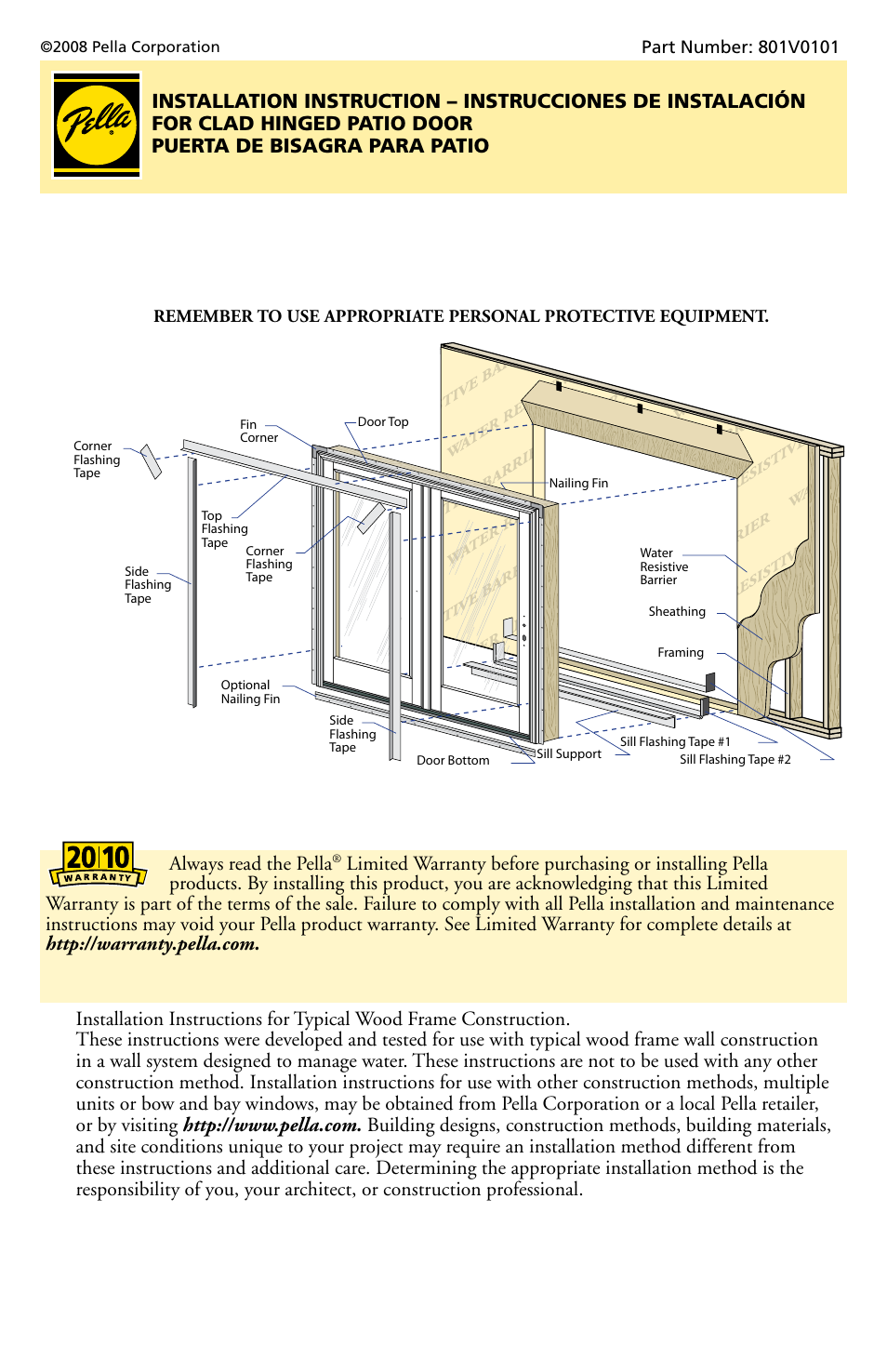Pella Clad Hinged Patio Door 801V0101 User Manual | 8 pages