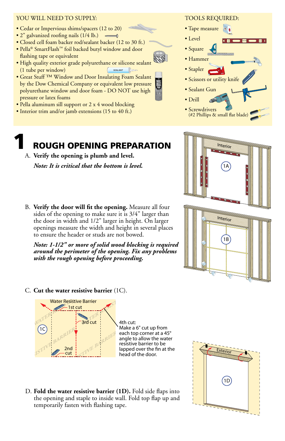 Rough opening preparation | Pella Clad Hinged Patio Door 801V0101 User Manual | Page 2 / 8