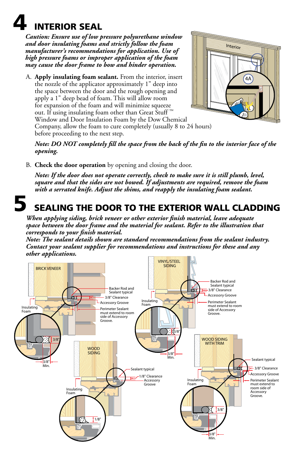 Interior seal, Sealing the door to the exterior wall cladding | Pella Clad Hinged Patio Door 801V0101 User Manual | Page 6 / 8