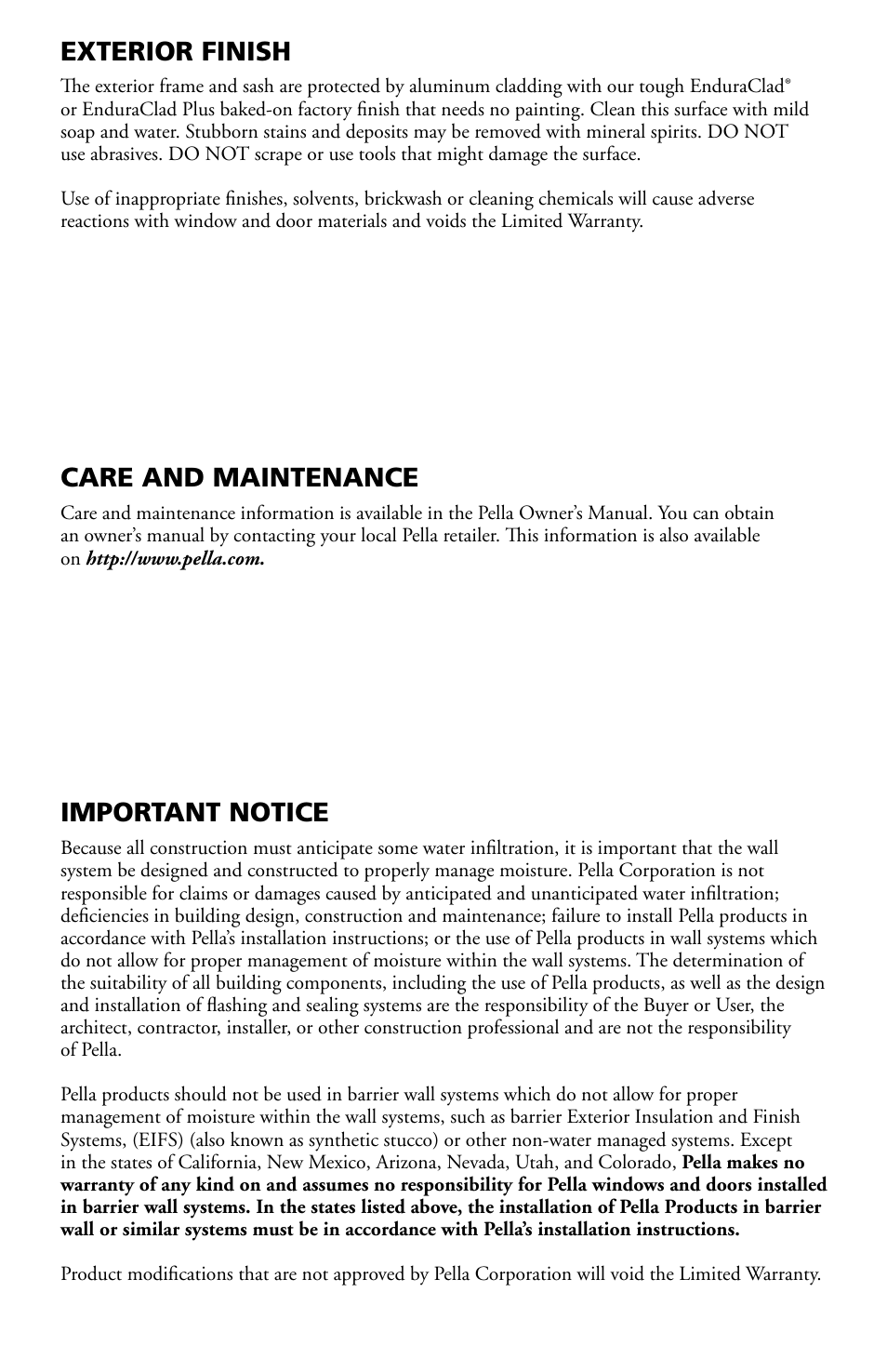 Exterior finish, Important notice, Care and maintenance | Pella Clad Hinged Patio Door 801V0101 User Manual | Page 8 / 8