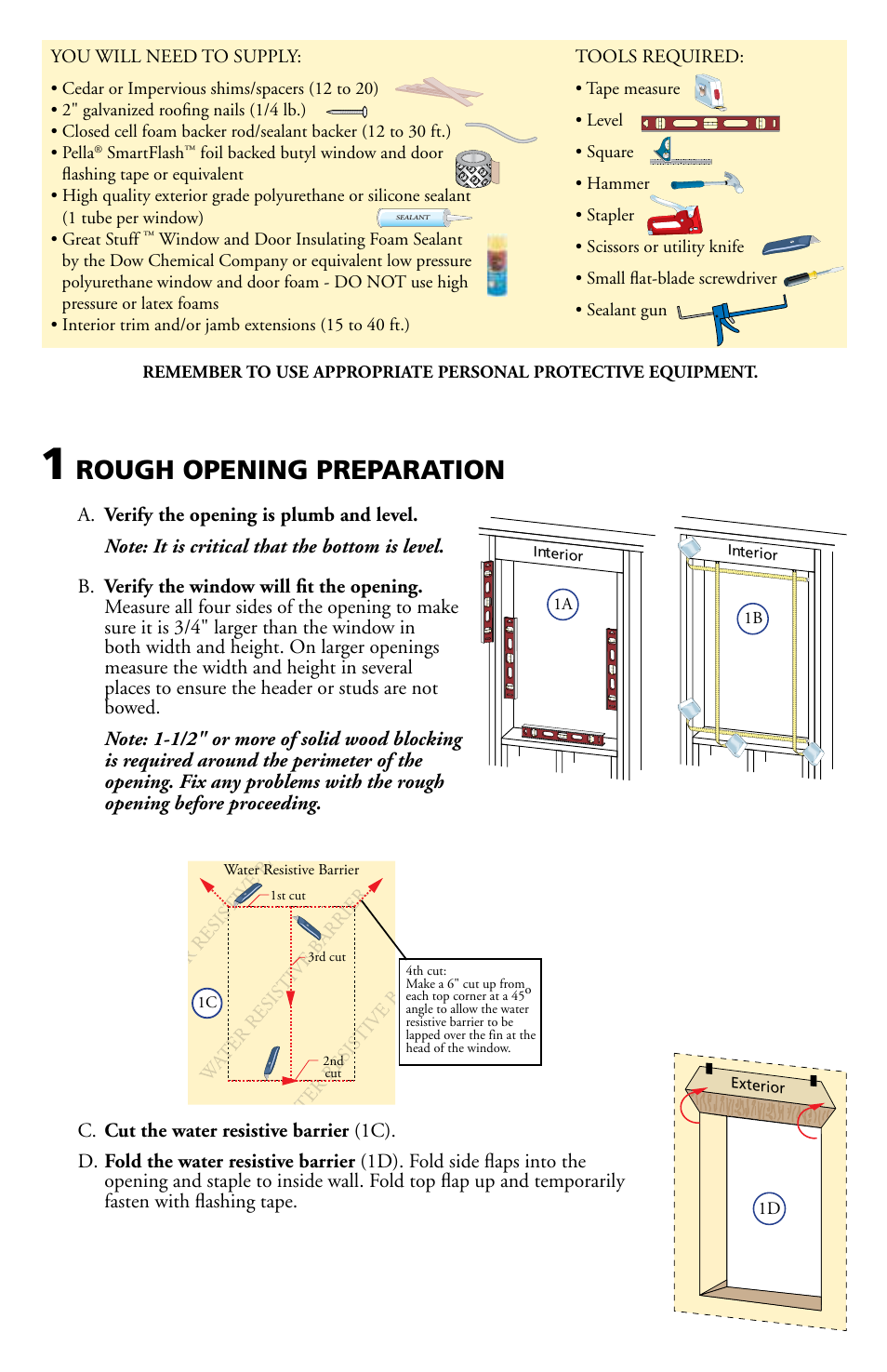 Rough opening preparation | Pella Clad Casement & Awning Window 801P0101 User Manual | Page 2 / 8