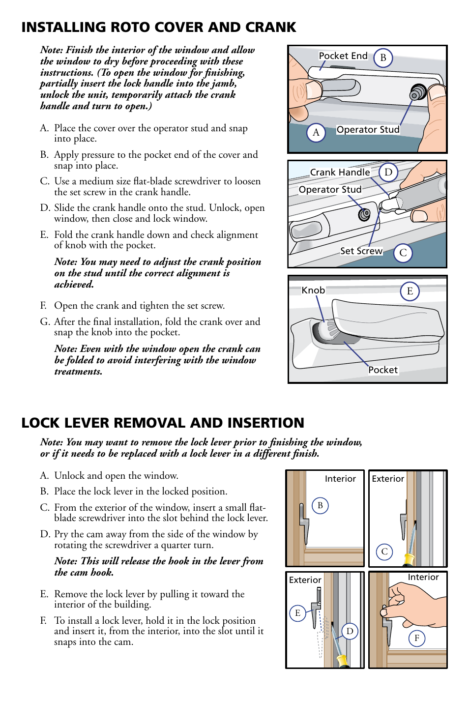 Installing roto cover and crank, Lock lever removal and insertion | Pella Clad Casement & Awning Window 801P0101 User Manual | Page 8 / 8