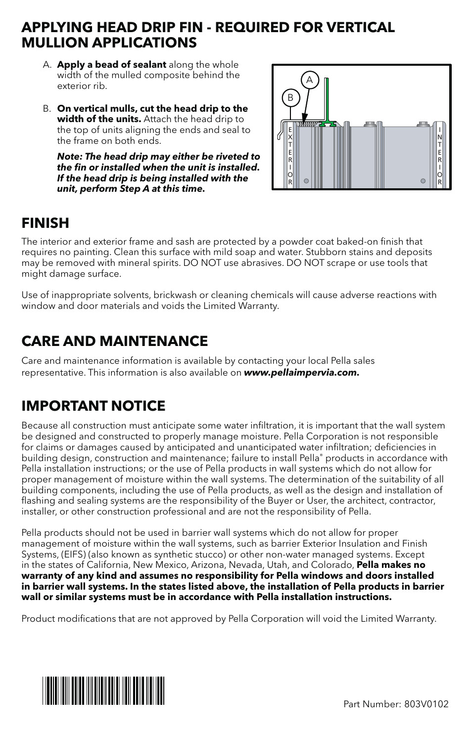 Finish, Care and maintenance, Important notice | Pella Impervia Sliding Patio Door With Fins 803V0102 User Manual | Page 11 / 12