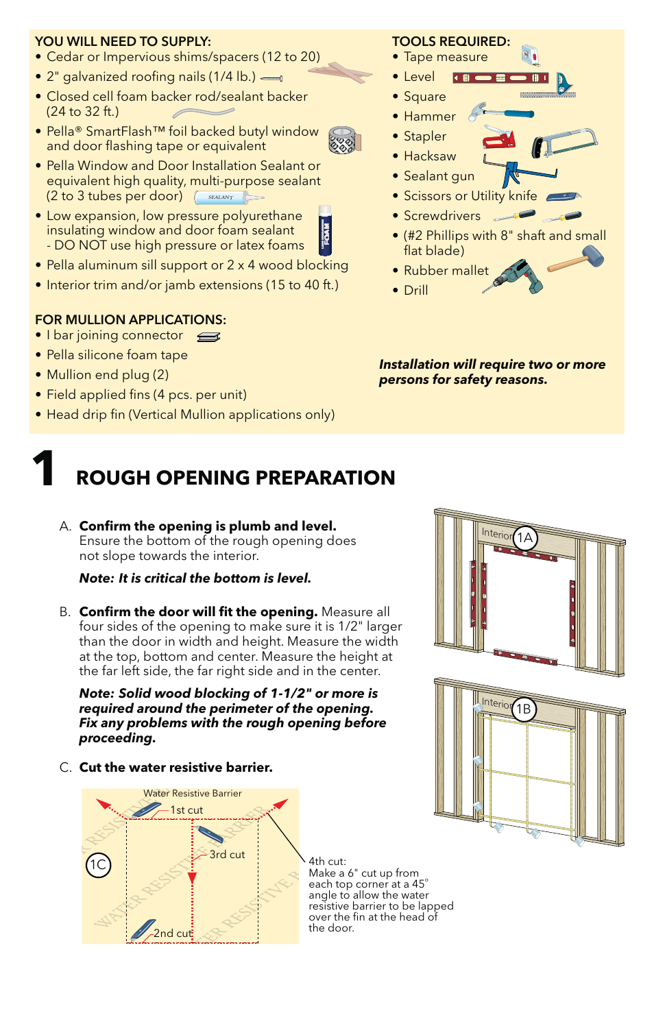 Rough opening preparation | Pella Impervia Sliding Patio Door With Fins 803V0102 User Manual | Page 2 / 12