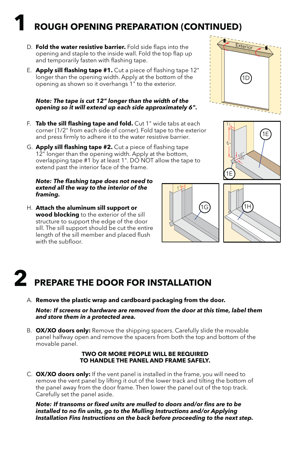 Rough opening preparation (continued), Prepare the door for installation | Pella Impervia Sliding Patio Door With Fins 803V0102 User Manual | Page 3 / 12