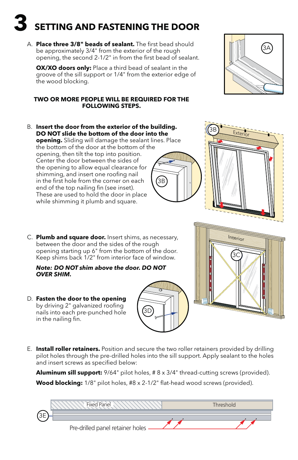 Setting and fastening the door | Pella Impervia Sliding Patio Door With Fins 803V0102 User Manual | Page 4 / 12