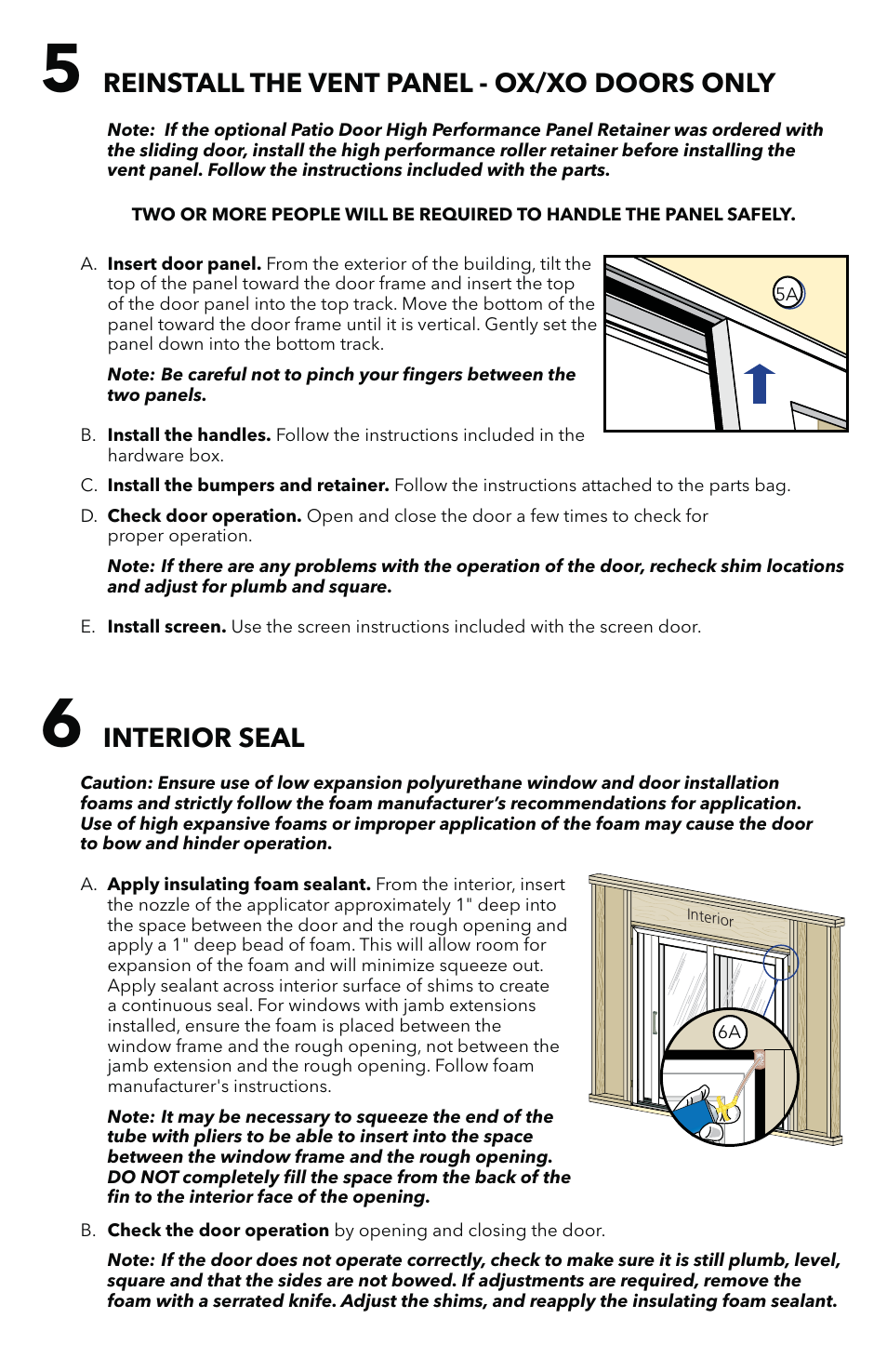 Reinstall the vent panel - ox/xo doors only, Interior seal | Pella Impervia Sliding Patio Door With Fins 803V0102 User Manual | Page 6 / 12