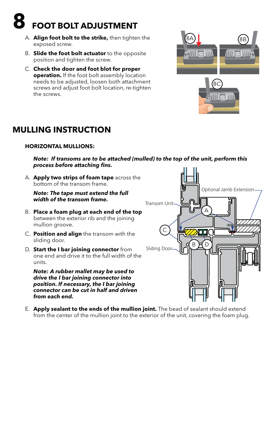 Mulling instruction, Foot bolt adjustment | Pella Impervia Sliding Patio Door With Fins 803V0102 User Manual | Page 8 / 12