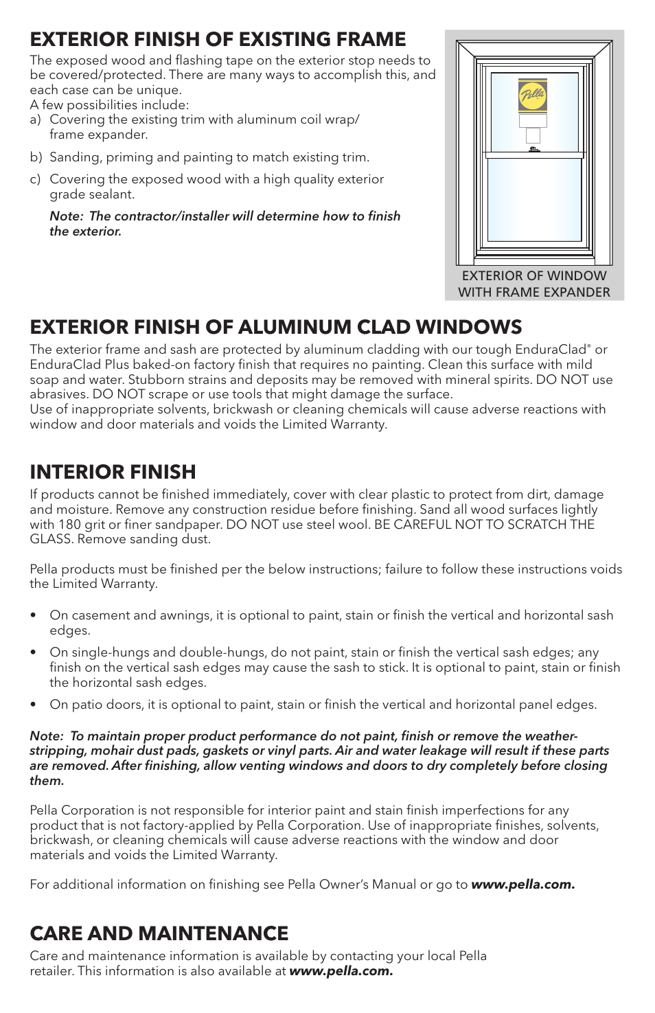 Exterior finish of existing frame, Exterior finish of aluminum clad windows, Interior finish | Care and maintenance | Pella 80WW0101 User Manual | Page 6 / 8