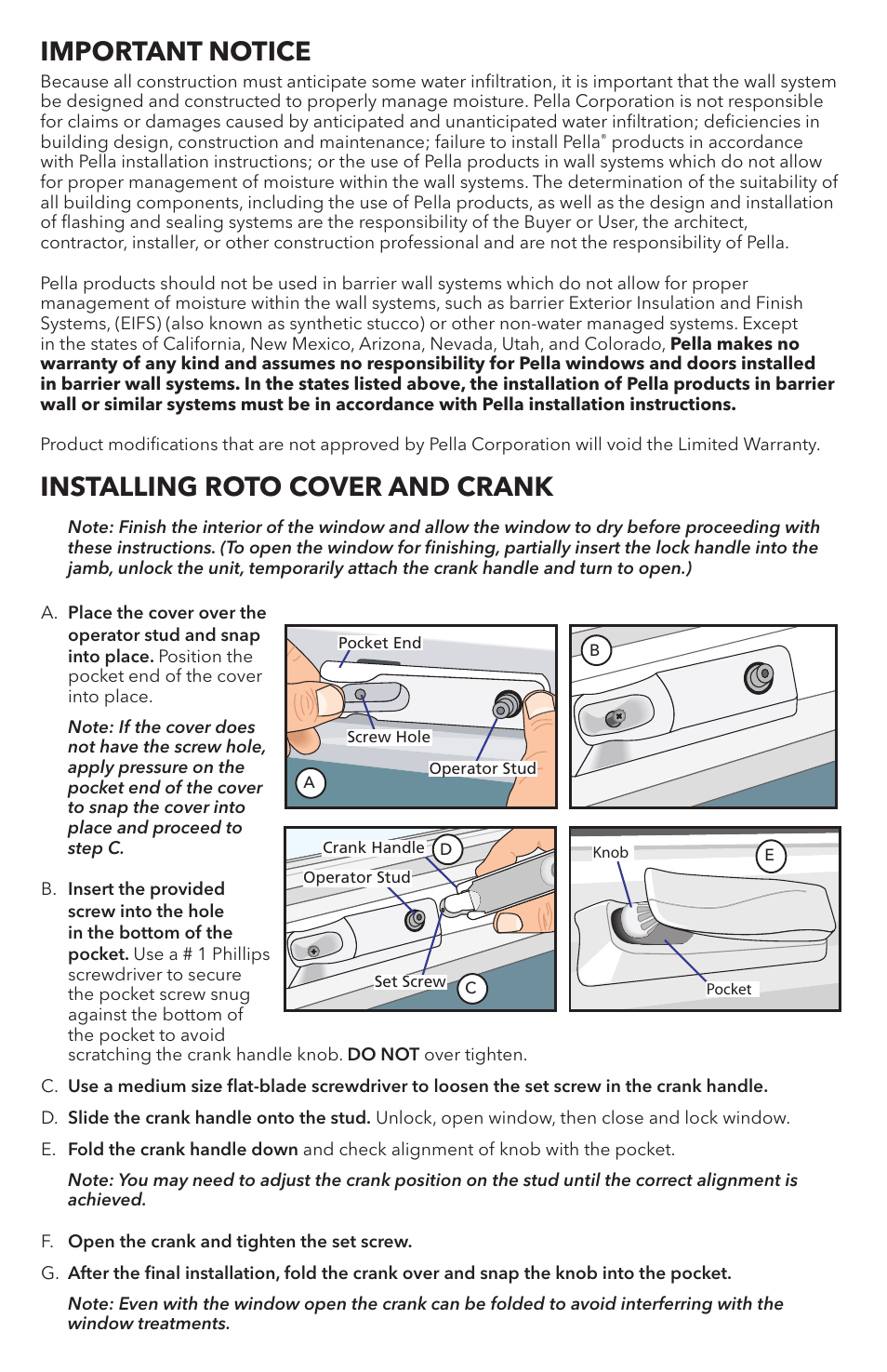 Important notice installing roto cover and crank | Pella 80WW0101 User Manual | Page 7 / 8