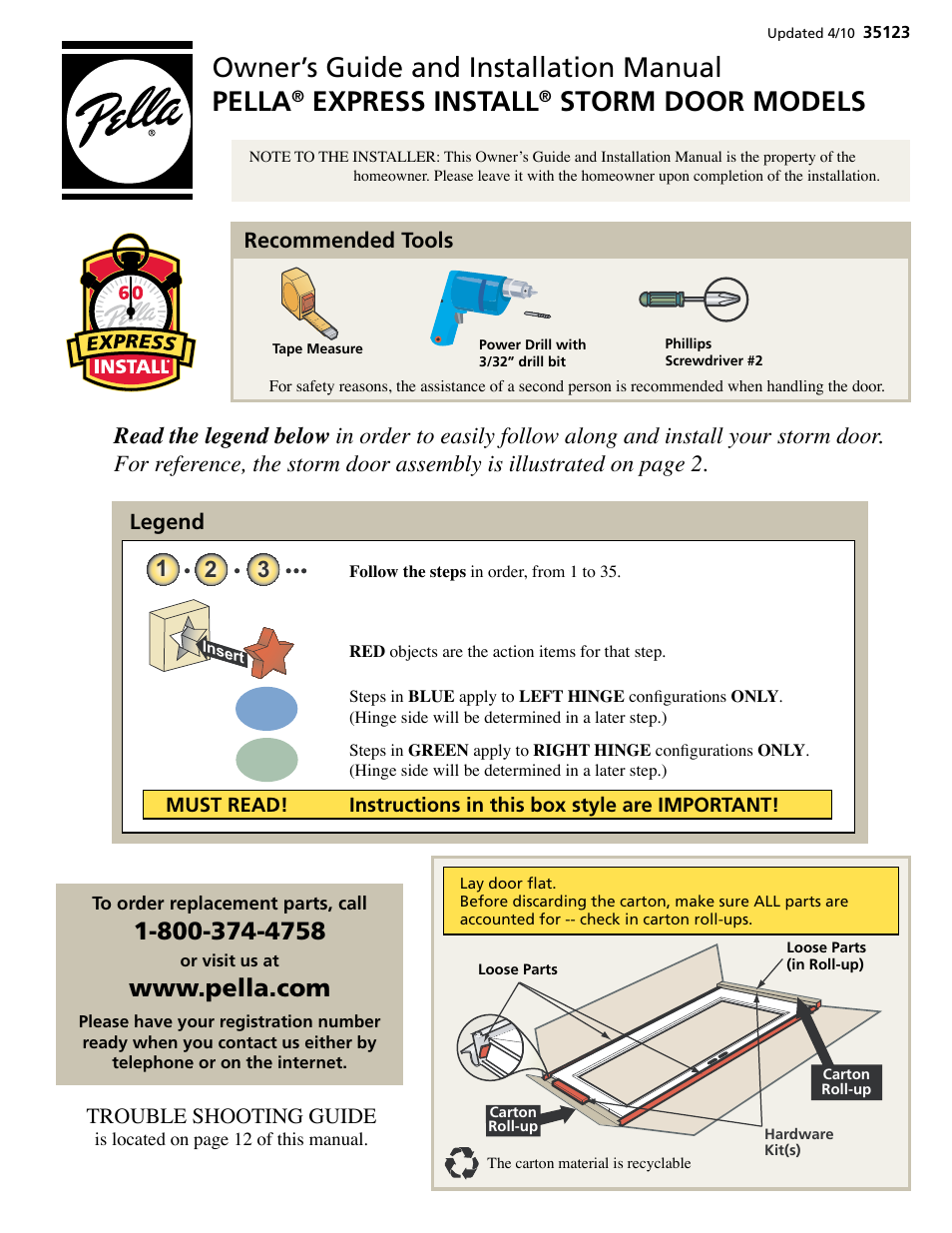 Pella Storm Door Models 35123 User Manual | 12 pages