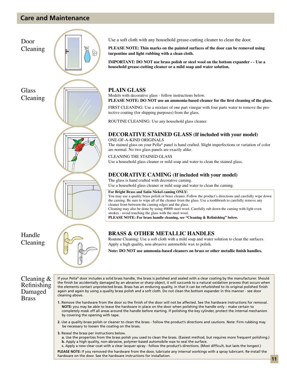 Care and maintenance | Pella Storm Door Models 35123 User Manual | Page 11 / 12