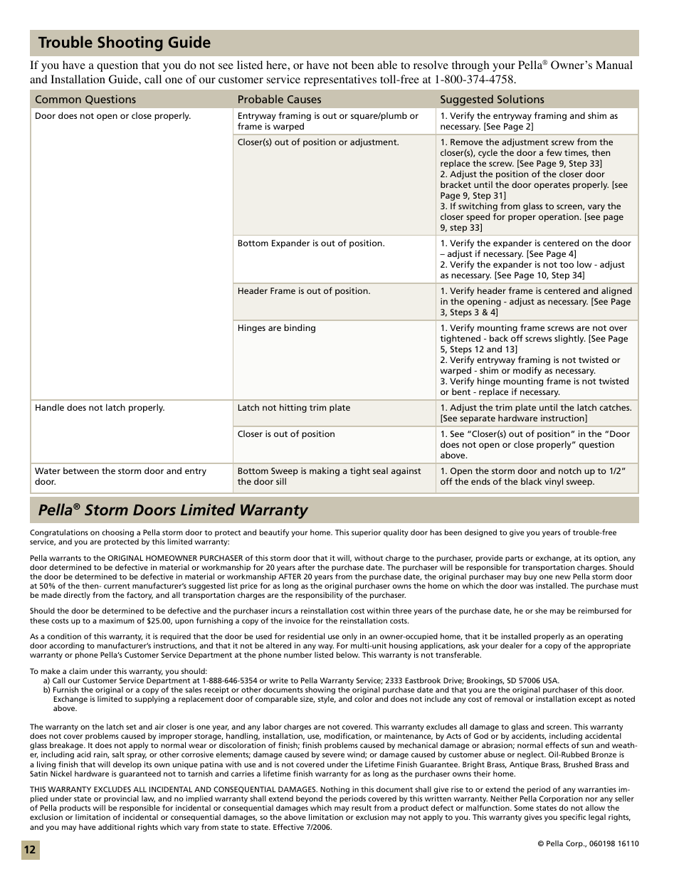 Trouble shooting guide pella, Storm doors limited warranty | Pella Storm Door Models 35123 User Manual | Page 12 / 12