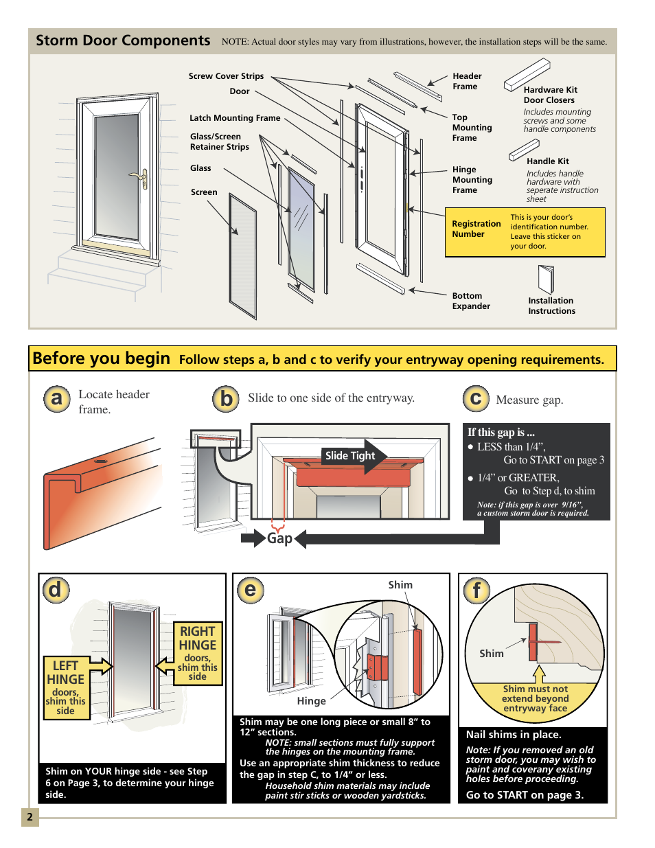 Bc a, Before you begin, Storm door components | Pella Storm Door Models 35123 User Manual | Page 2 / 12