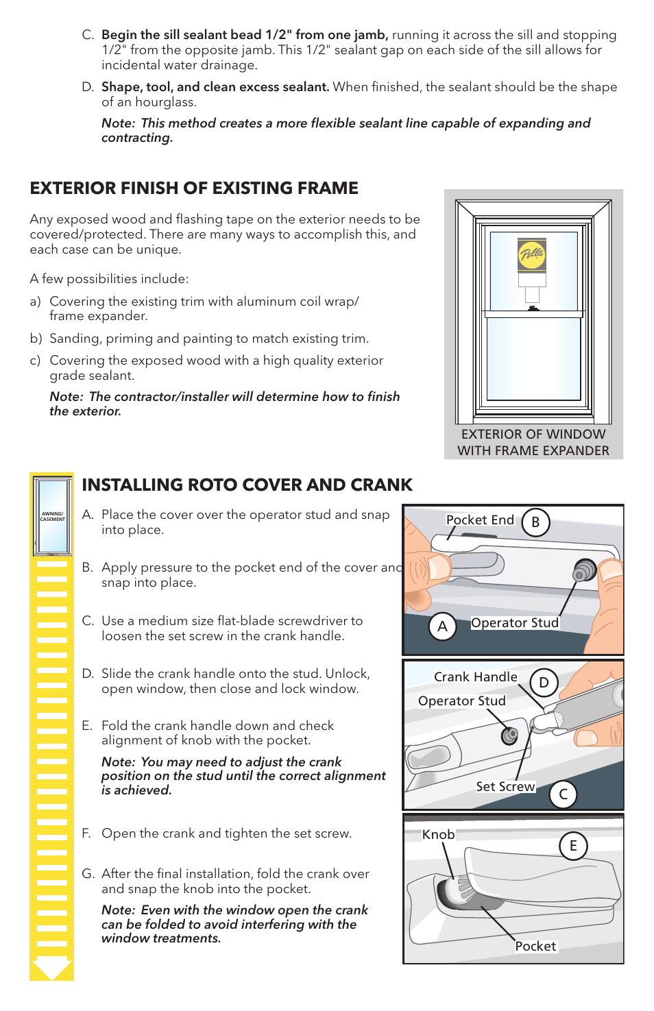 Exterior finish of existing frame, Installing roto cover and crank | Pella Replacement Window 80YV0102 User Manual | Page 12 / 14