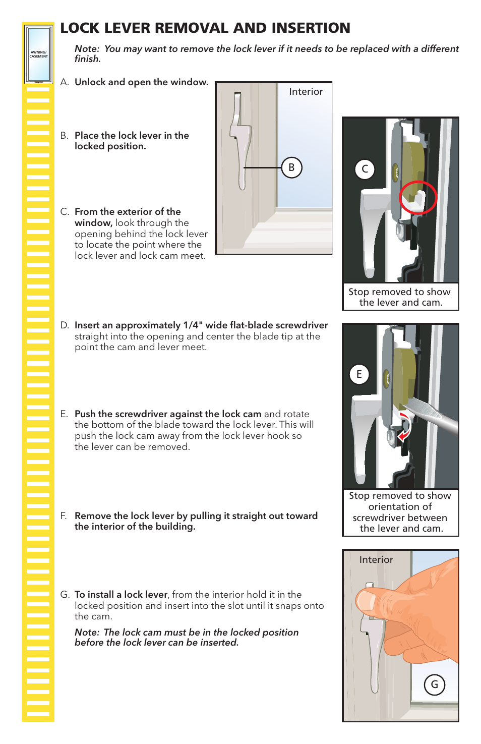 Lock lever removal and insertion | Pella Replacement Window 80YV0102 User Manual | Page 13 / 14