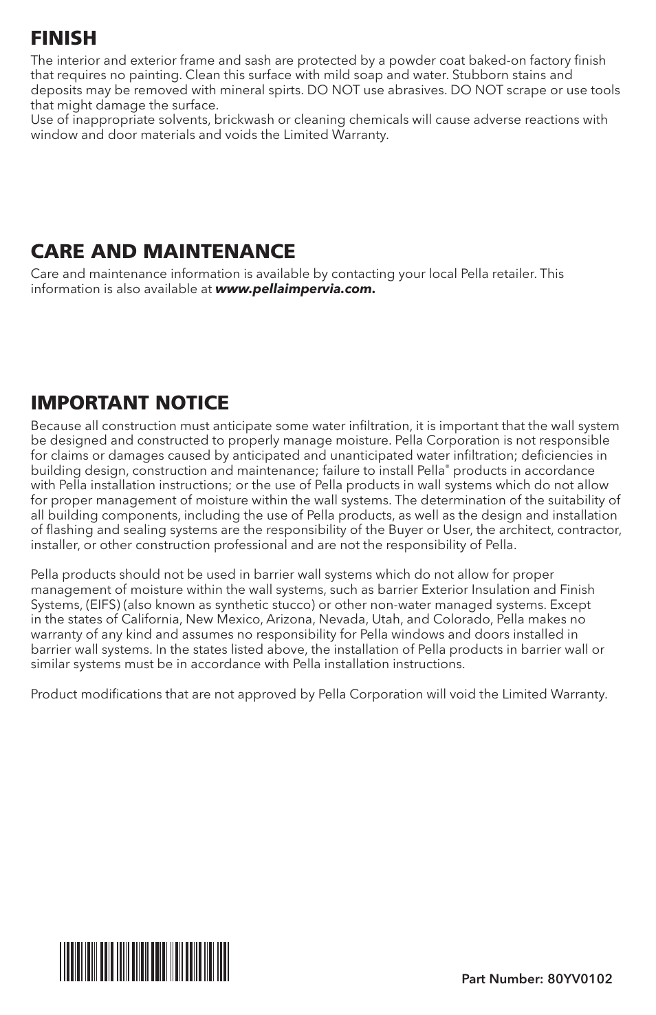 Finish, Care and maintenance, Important notice | Pella Replacement Window 80YV0102 User Manual | Page 14 / 14